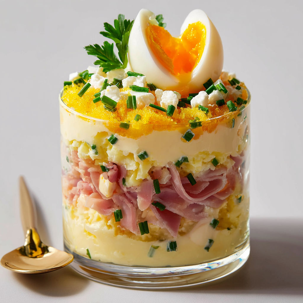 Jolie verrine fraîche avec jambon, œuf mimosa et herbes.