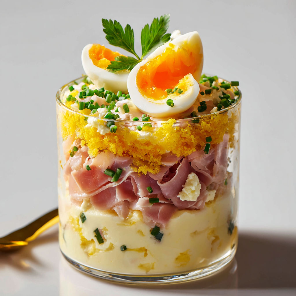 Petites verrines mimosa légères au jambon et œufs fondants.