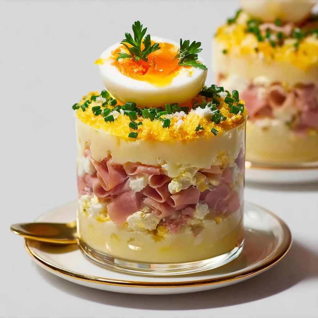 Coupes apéritives façon mimosa au jambon et œufs joliment présentées.