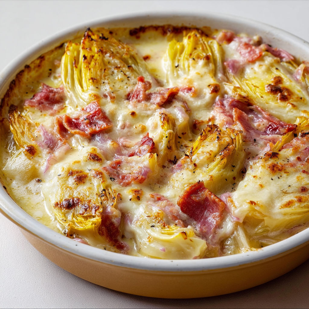 Un gratin d’endives simple présenté dans un plat convivial.