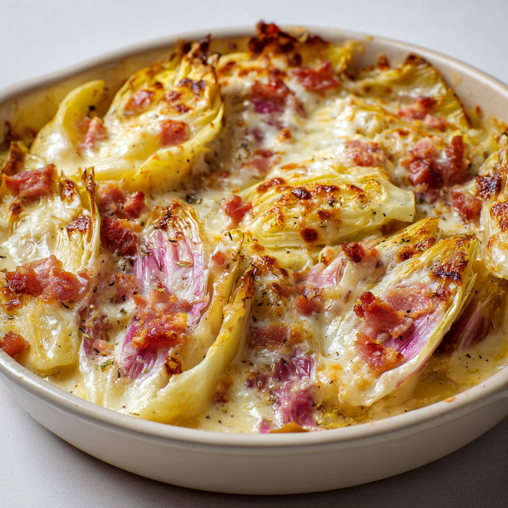 Délicieux gratin d’endives au reblochon tout fondant.
