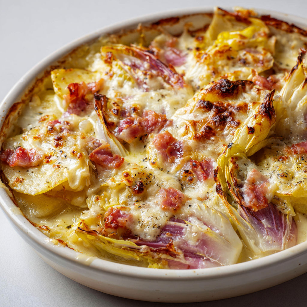 Gratin d’endives, reblochon fondu et lardons bien croustillants.