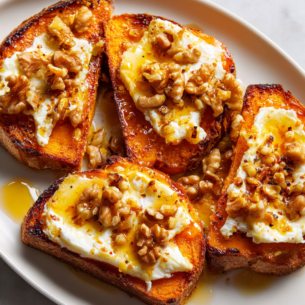 Toast réconfortant à la courge rôtie, camembert et miel.