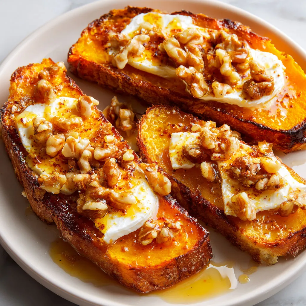 Courge butternut rôtie, camembert bien fondu et éclats de noix.