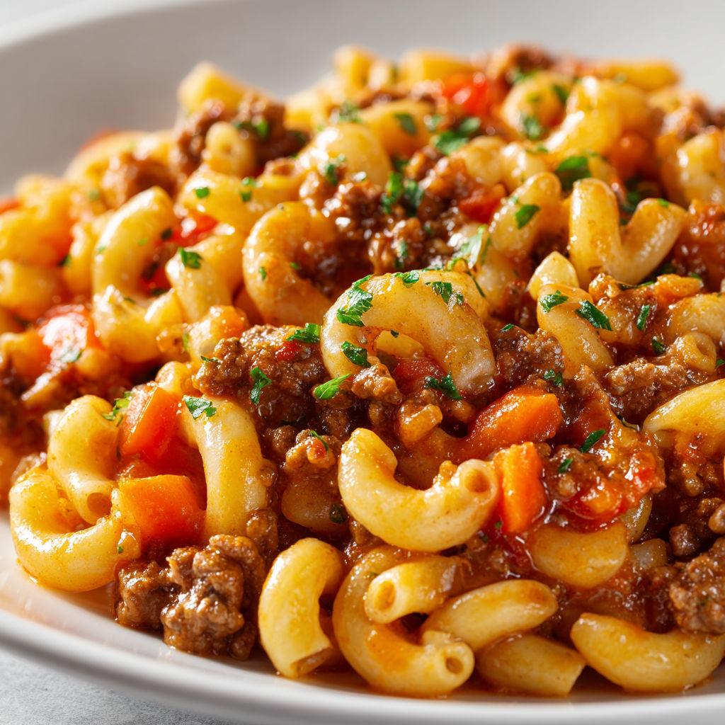 Assiette de macaroni avec viande hachée, carottes et herbes, servie sur un plat.