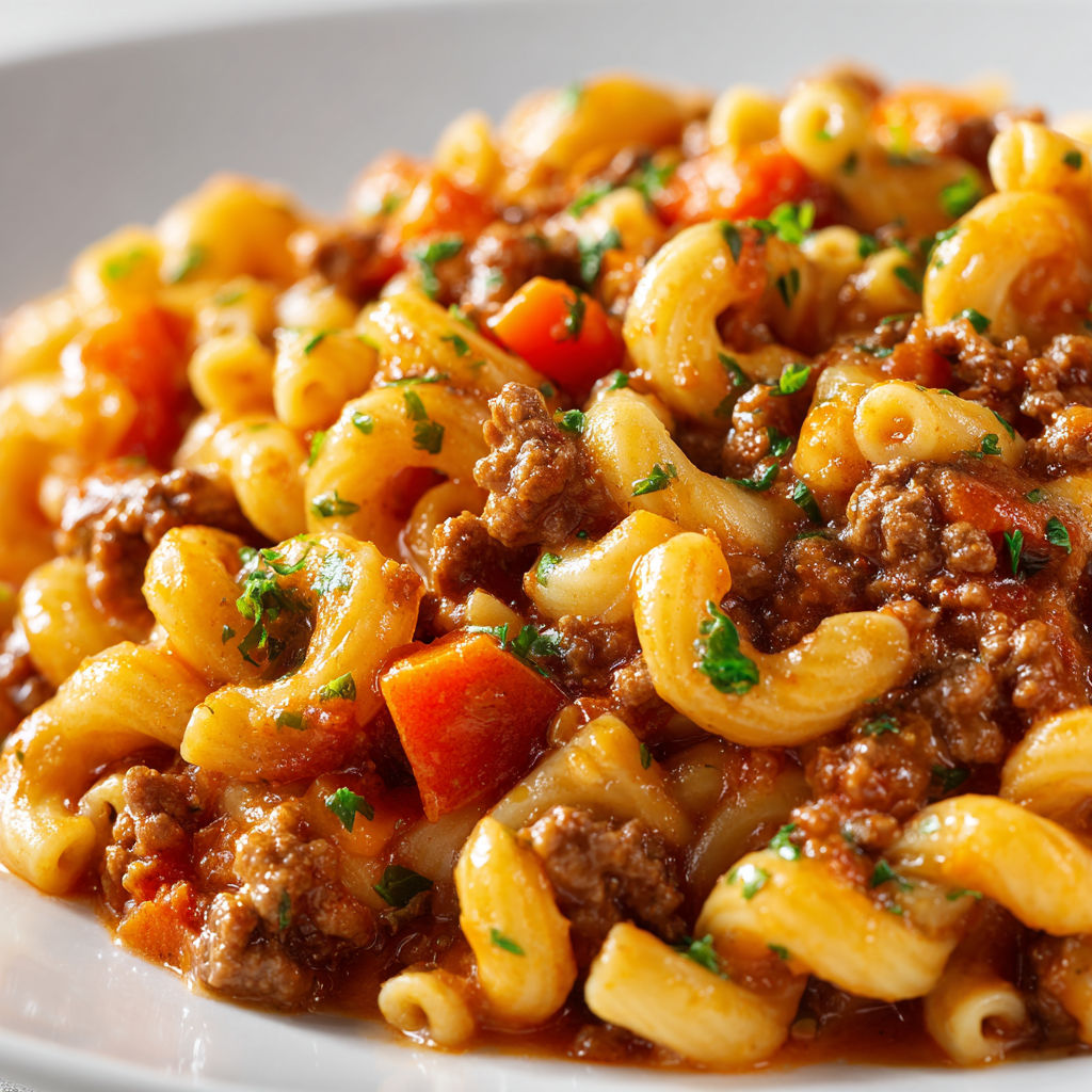 Macaronis avec viande hachée, légumes et herbes fraîches.