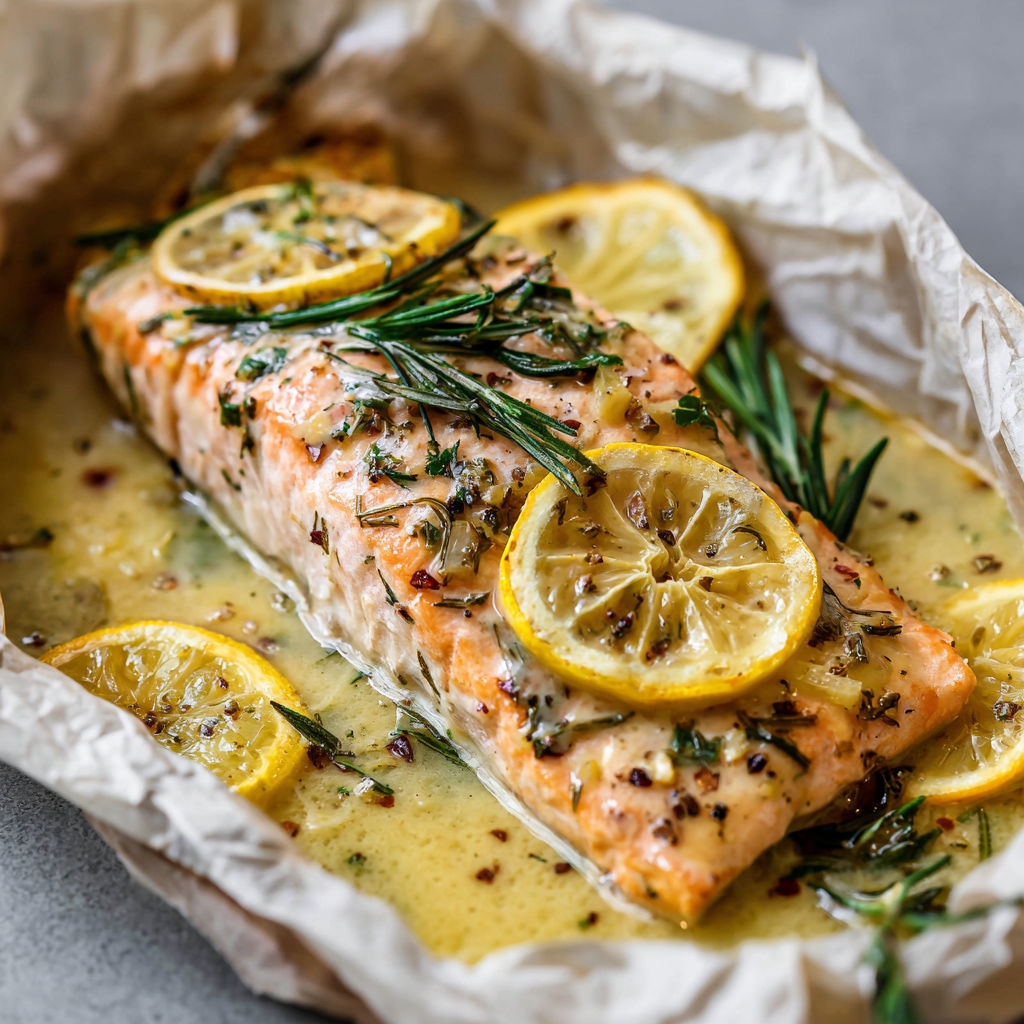 Filet de saumon tendre en papillote avec agrumes et herbes fraîchement cueillies.