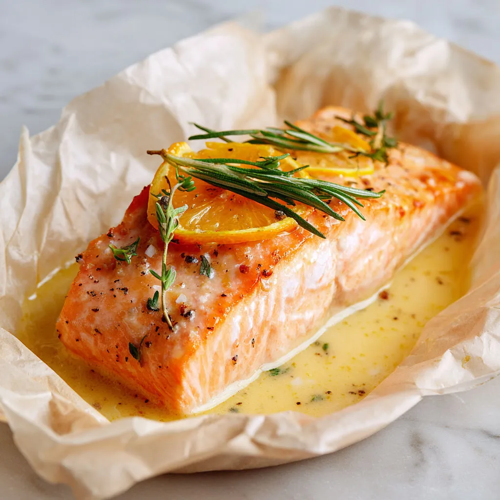 Saumon tendre cuit en papillote avec agrumes parfumés.
