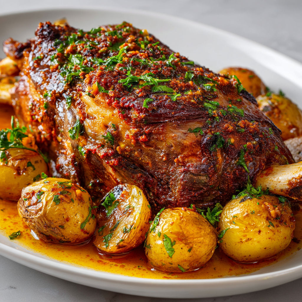 Gigot d’agneau à la harissa avec des épices et pommes de terre fondantes.