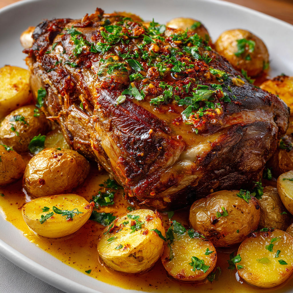 Gigot d’agneau à la harissa, bien épicé et fondant grâce à la cuisson lente.