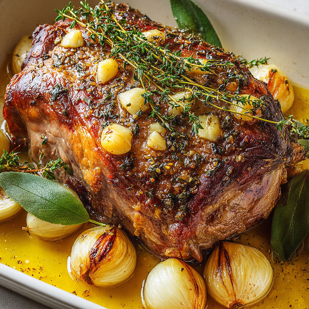 Un gigot d'agneau parfumé avec des herbes dans un plat en verre.
