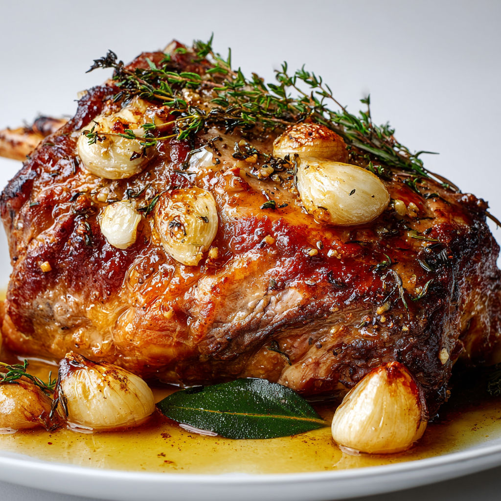 Gigot d’agneau doré, ail tendre et herbes fraîches.
