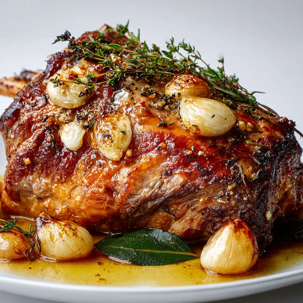 Gigot d’agneau doré, ail tendre et herbes fraîches.