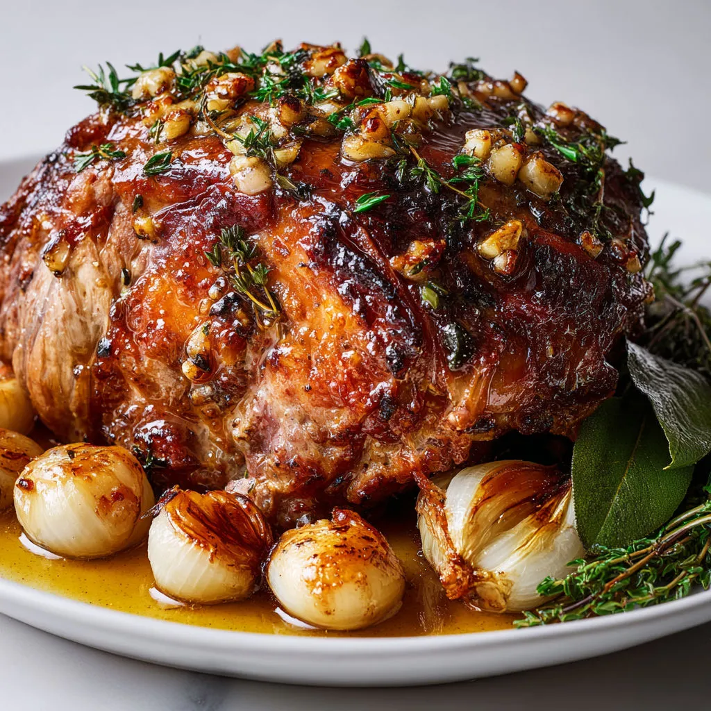 Viande d’agneau rôtie avec ail blanchi et beurre parfumé.