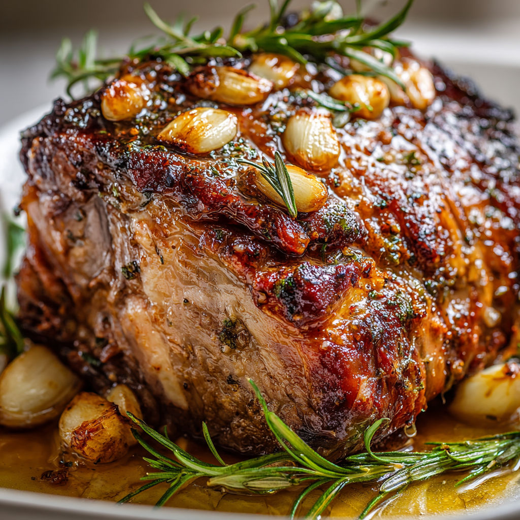 Gigot d'agneau cuit avec des herbes aromatiques et de l'ail.