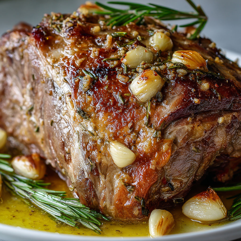 Gigot d’agneau doré au romarin tout juste sorti du four et nappé de jus.