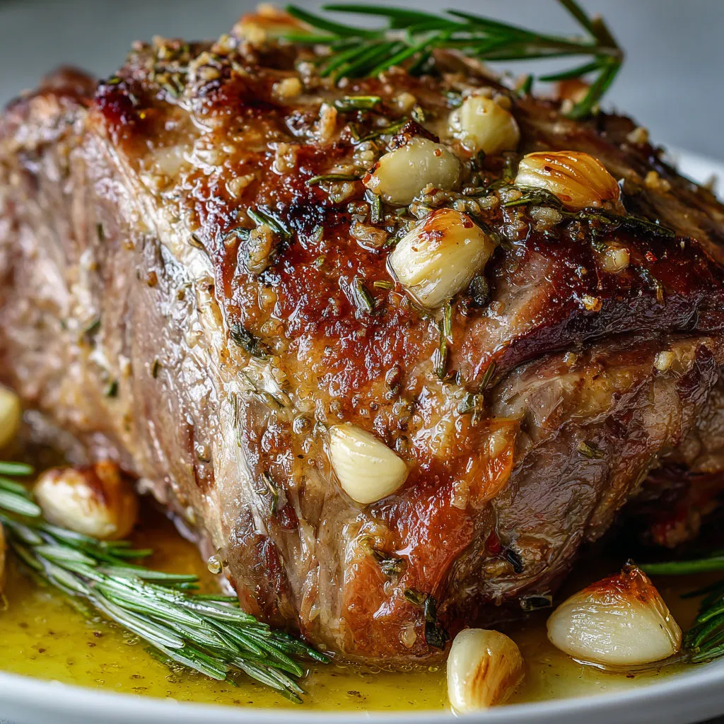 Gigot d’agneau doré au romarin tout juste sorti du four et nappé de jus.