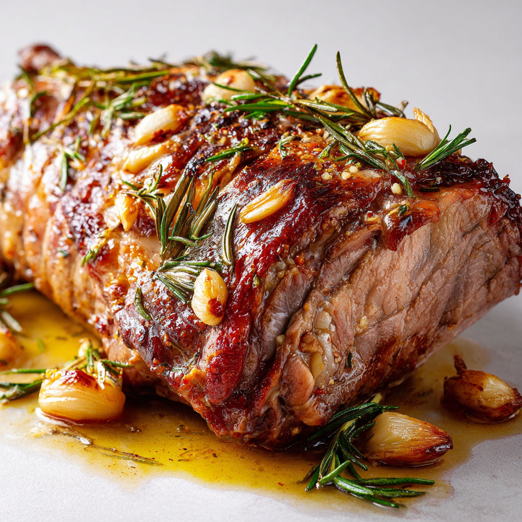Gigot d’agneau moelleux, morceaux d’ail fondus et branches de romarin frais.