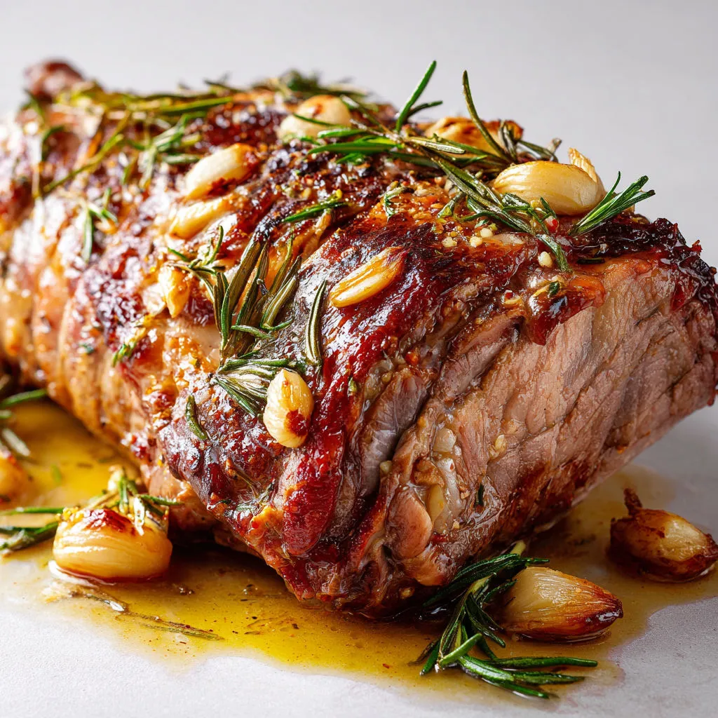 Gigot d’agneau moelleux, morceaux d’ail fondus et branches de romarin frais.