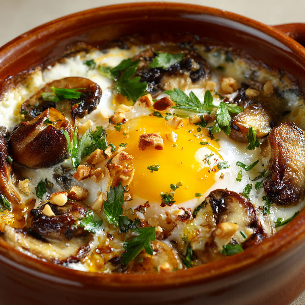 Une cocotte avec des œufs, des champignons, de la truffe et du brie.
