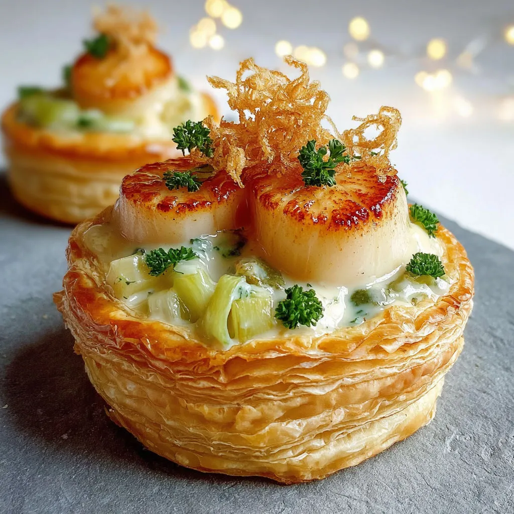 Vol-au-vent Saint-Jacques servi à table, accompagné de poireaux et crème citronnée.