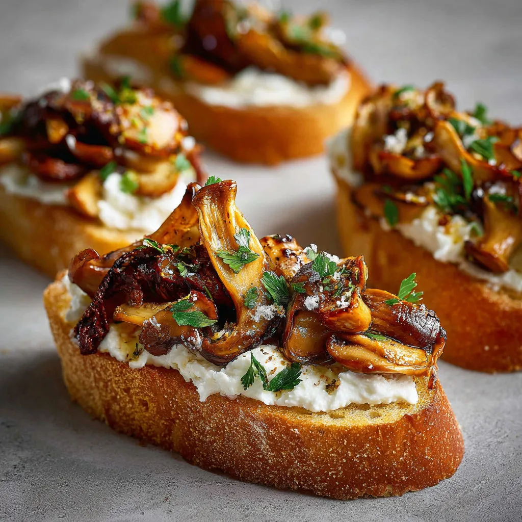 Tartines croustillantes garnies de champignons marinés, belles et pleines de goût.