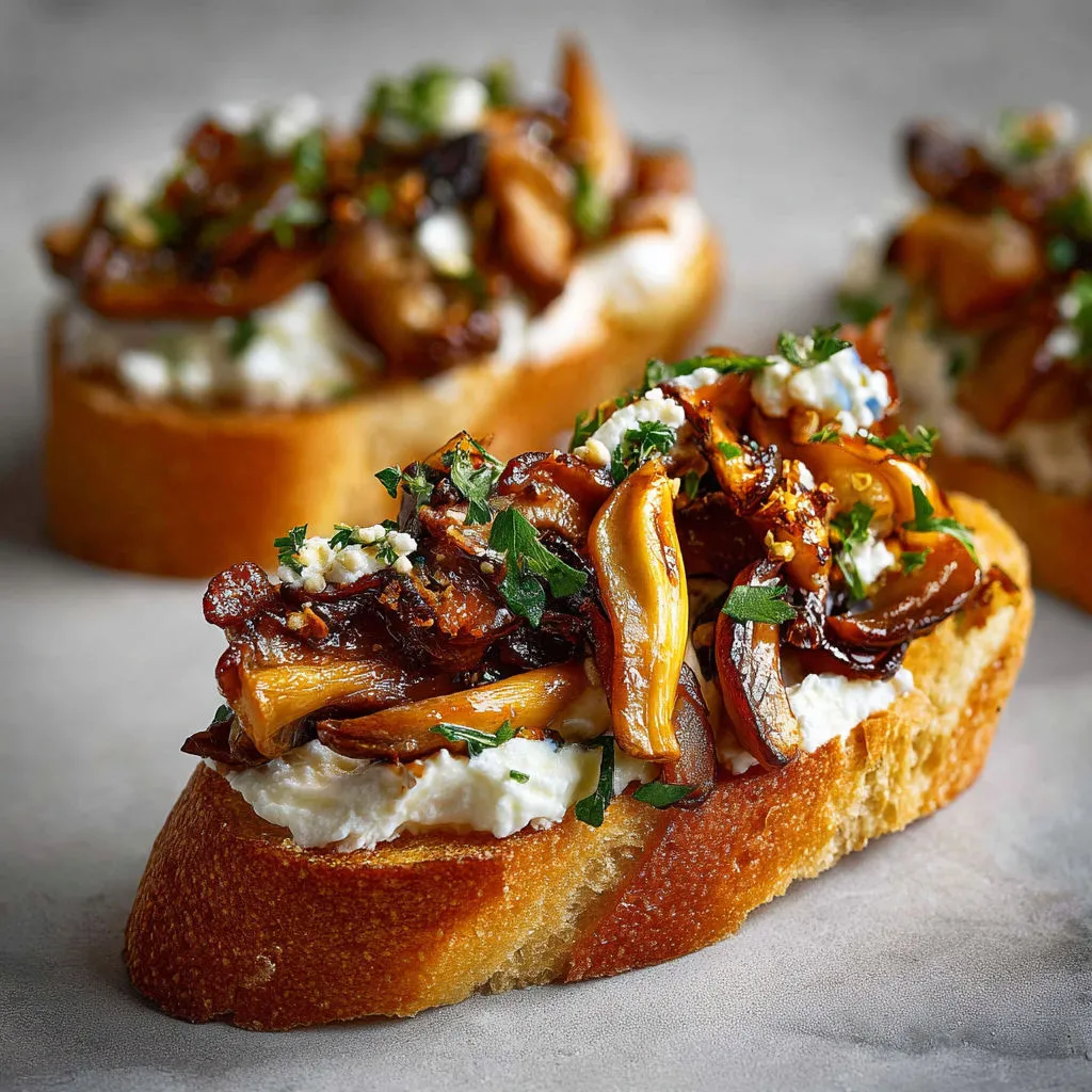 Tartines croustillantes garnies de champignons marinés, belles et pleines de goût.