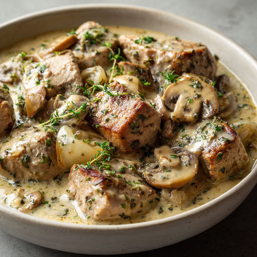 Filet mignon de porc mijoté aux champignons et crème, super crémeux et extra tendre.