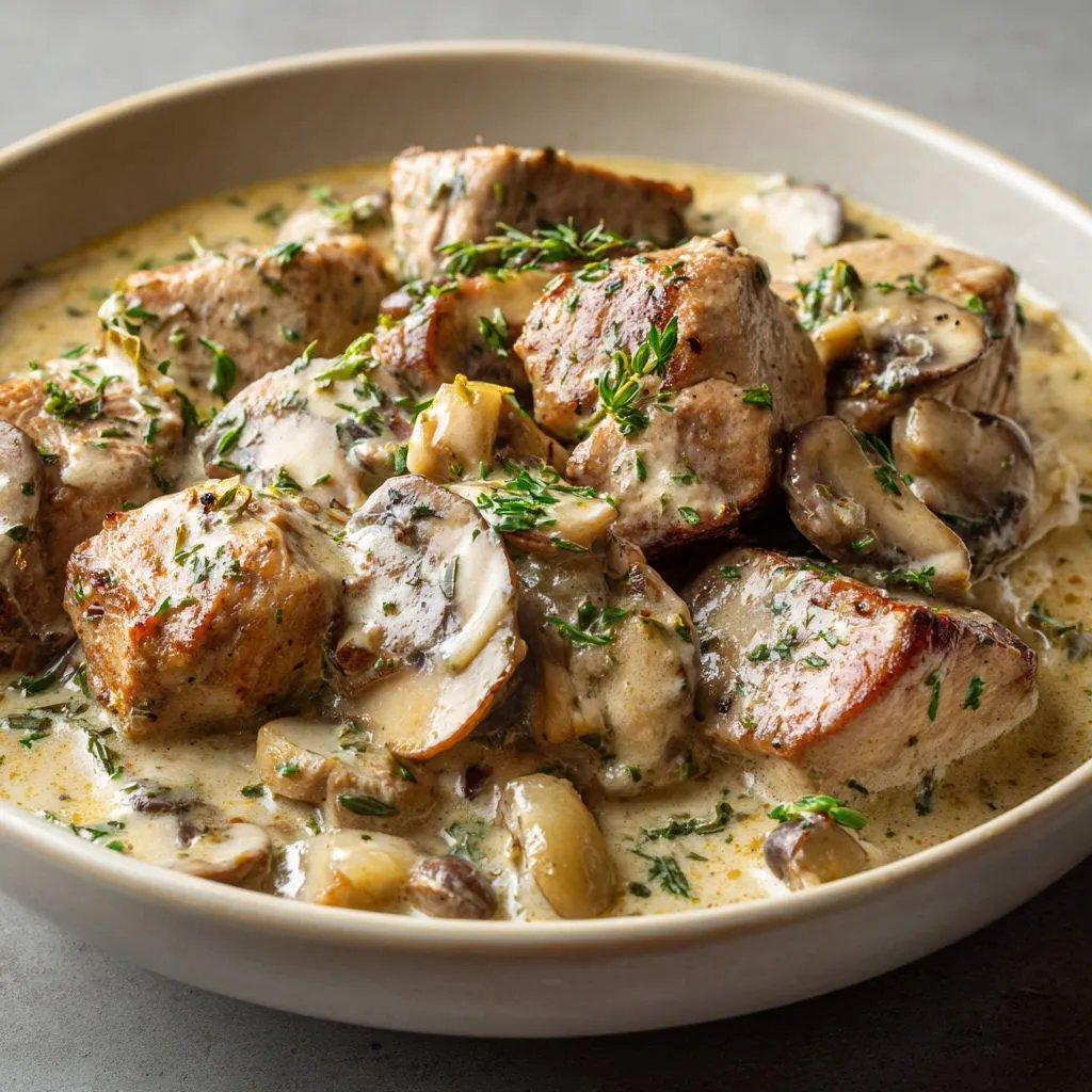 Filet mignon de porc mitonné avec champignons et crème, parfait en hiver.