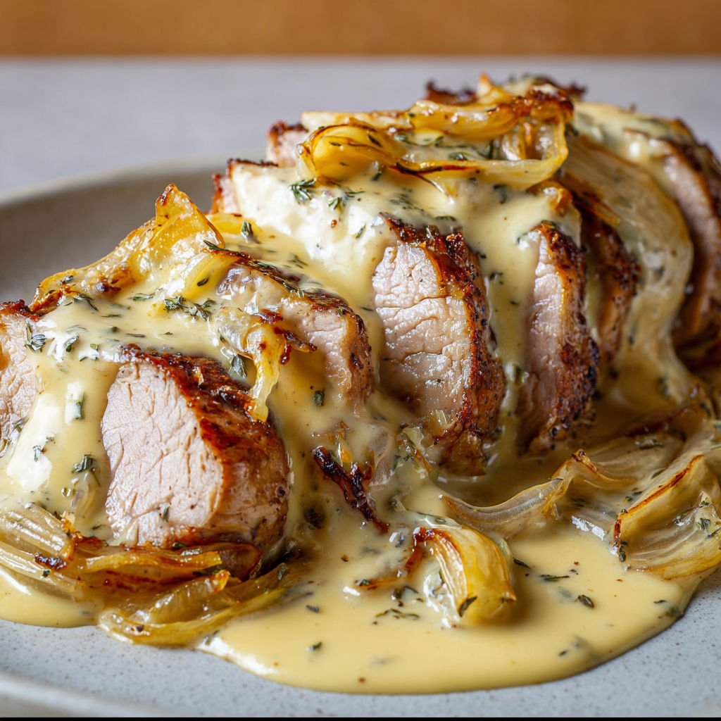 Filet mignon avec sauce reblochon et oignons fondants.