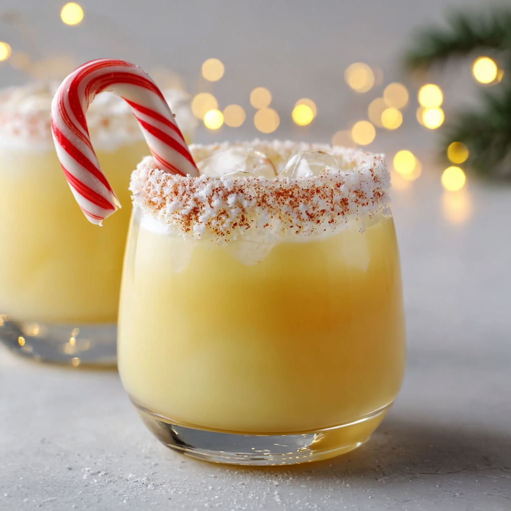 Deux verres de punch de Noël maison, décorés avec des étoiles de cannelle et un bord givré en sucre.