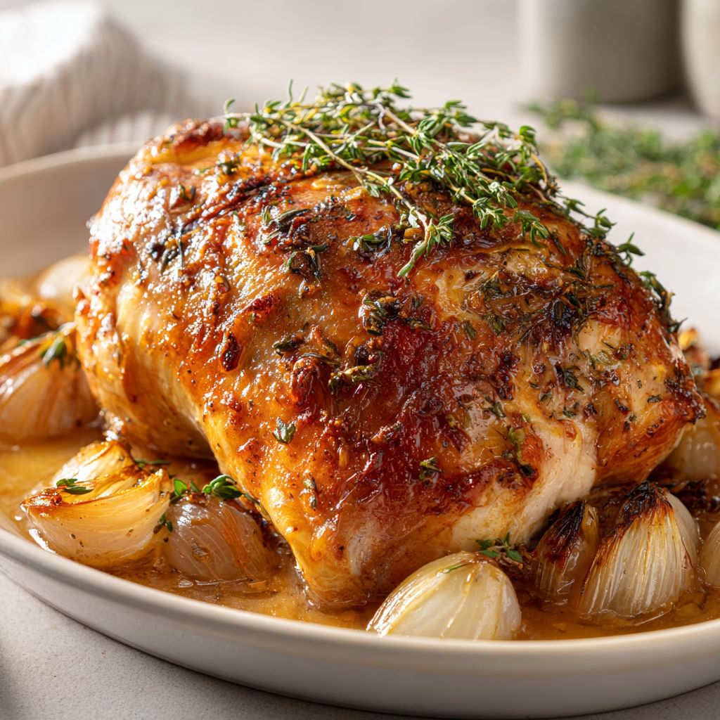 Dinde au four dorée et garnie d'herbes, présentée sur un plat.