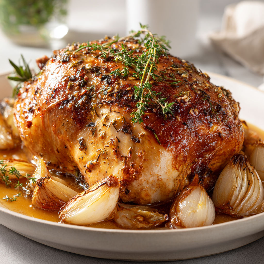 Viande de dinde dorée au four avec thym et échalotes