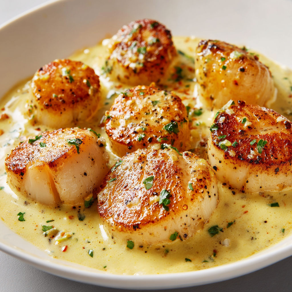 Saint-Jacques dorées nappées d’une crème au curry subtile.