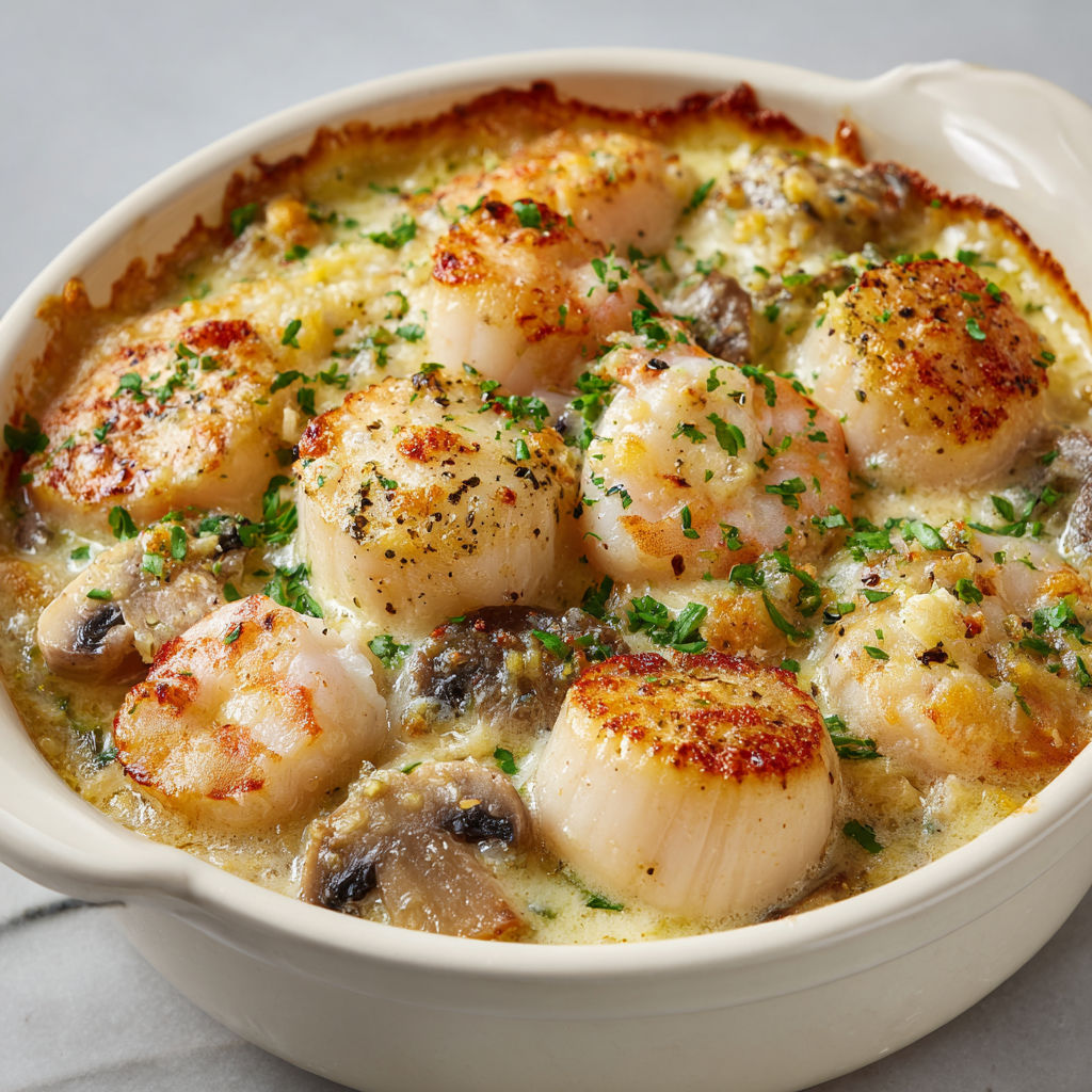 Saint-Jacques et crevettes dans une cassolette dorée servie élégamment.