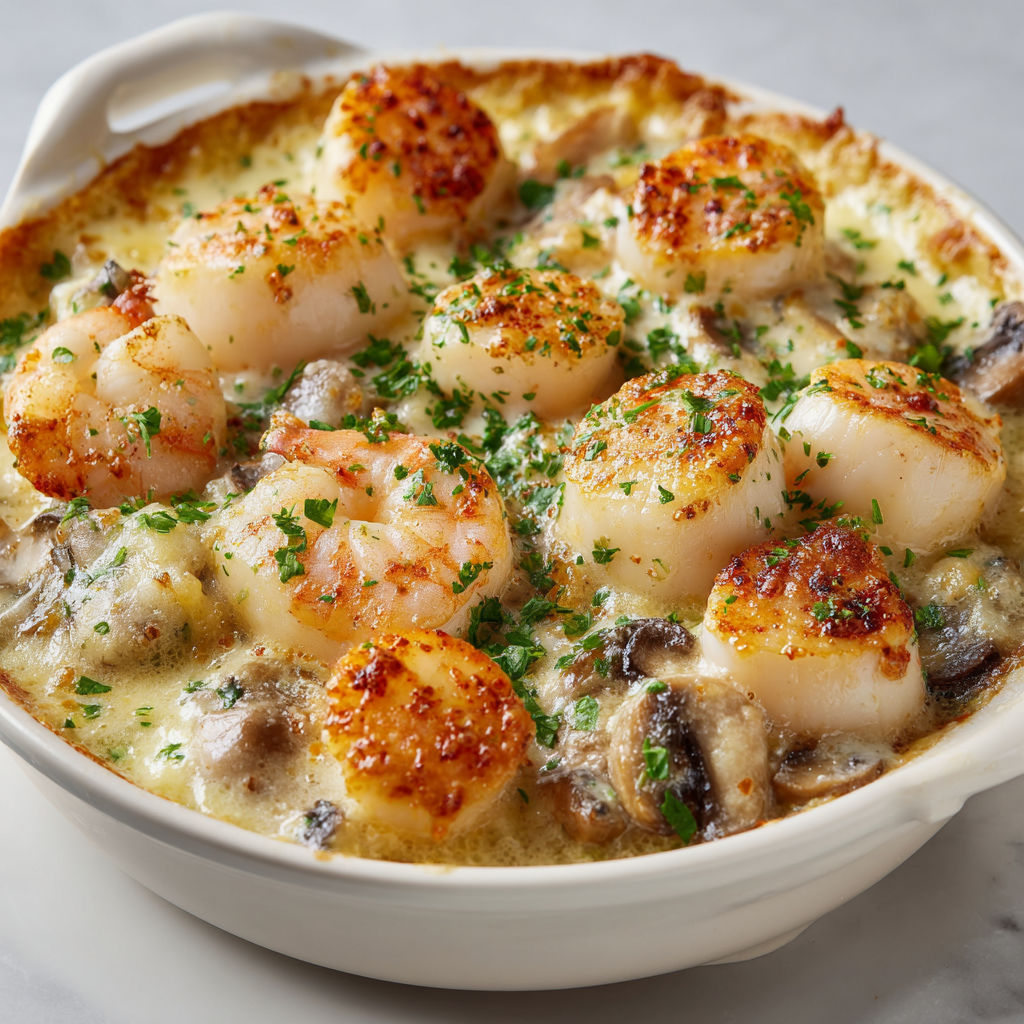Cassolettes de Saint-Jacques, plat gourmand aux fruits de mer et champignons sous une croûte dorée servis dans des bols individuels en porcelaine.