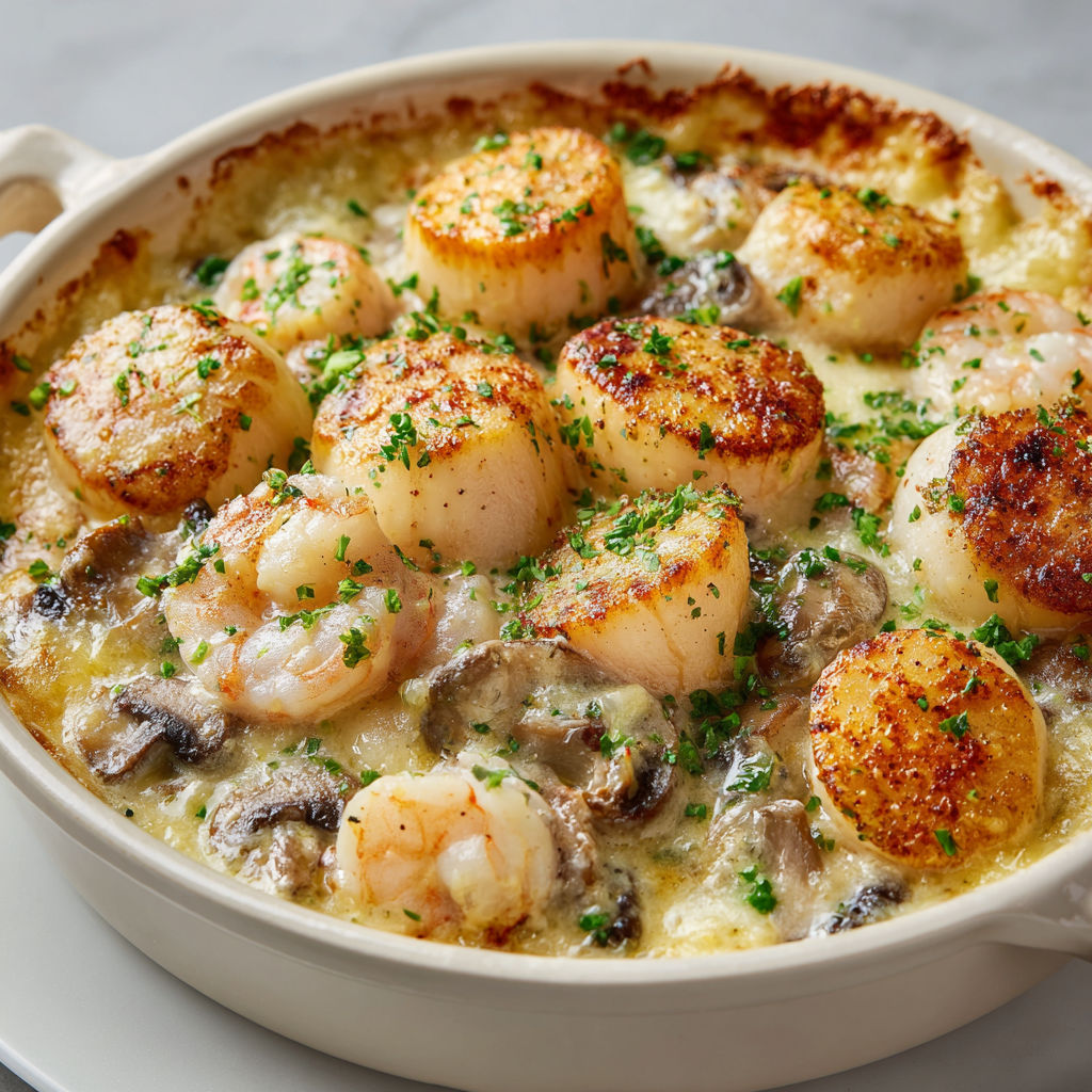 Petit plat de Saint-Jacques et fruits de mer bien doré en porcelaine, prêt à être savouré.