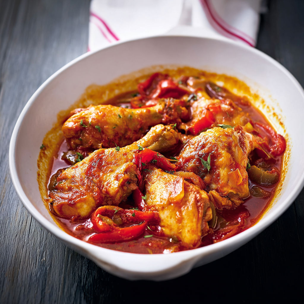 Un poulet basquaise garni de poivrons et d'herbes est joliment présenté à table.