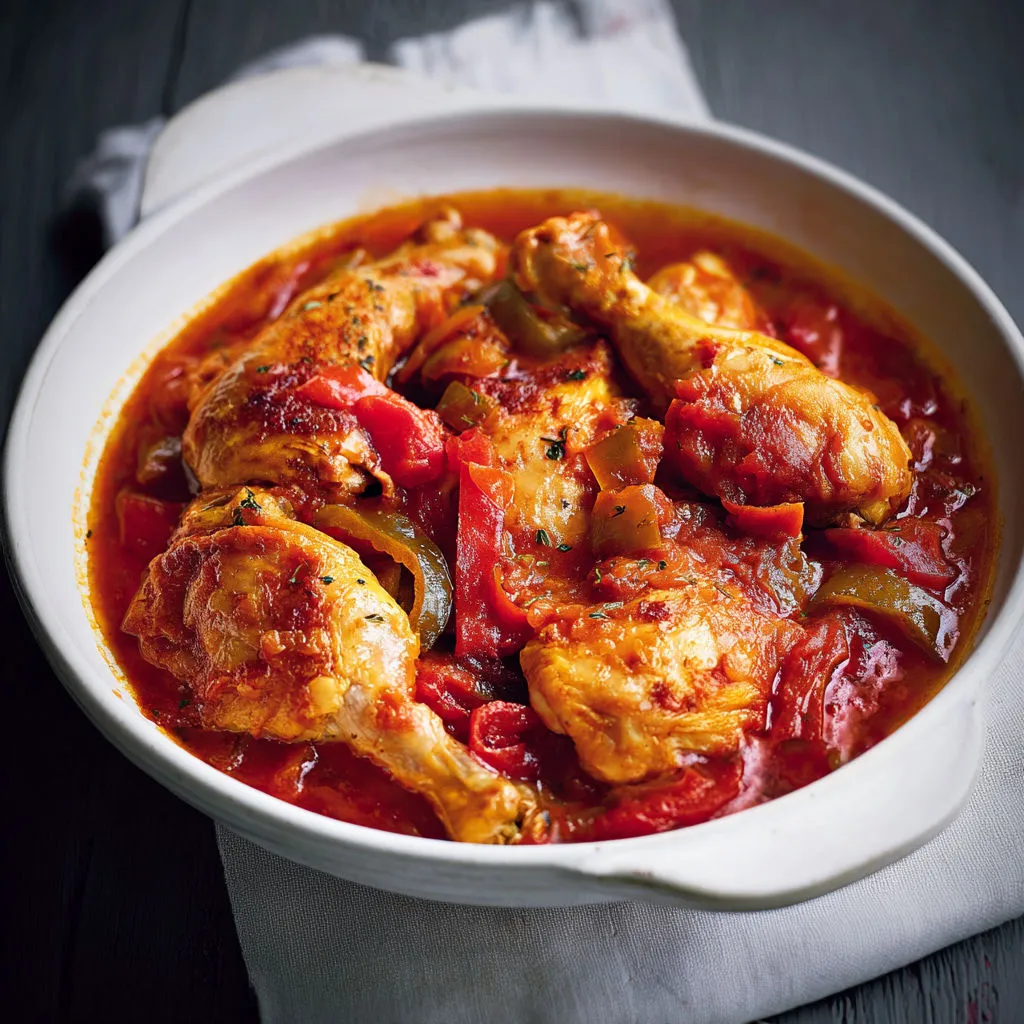 Le vrai poulet basquaise mijoté du sud-ouest dans l’esprit basque.