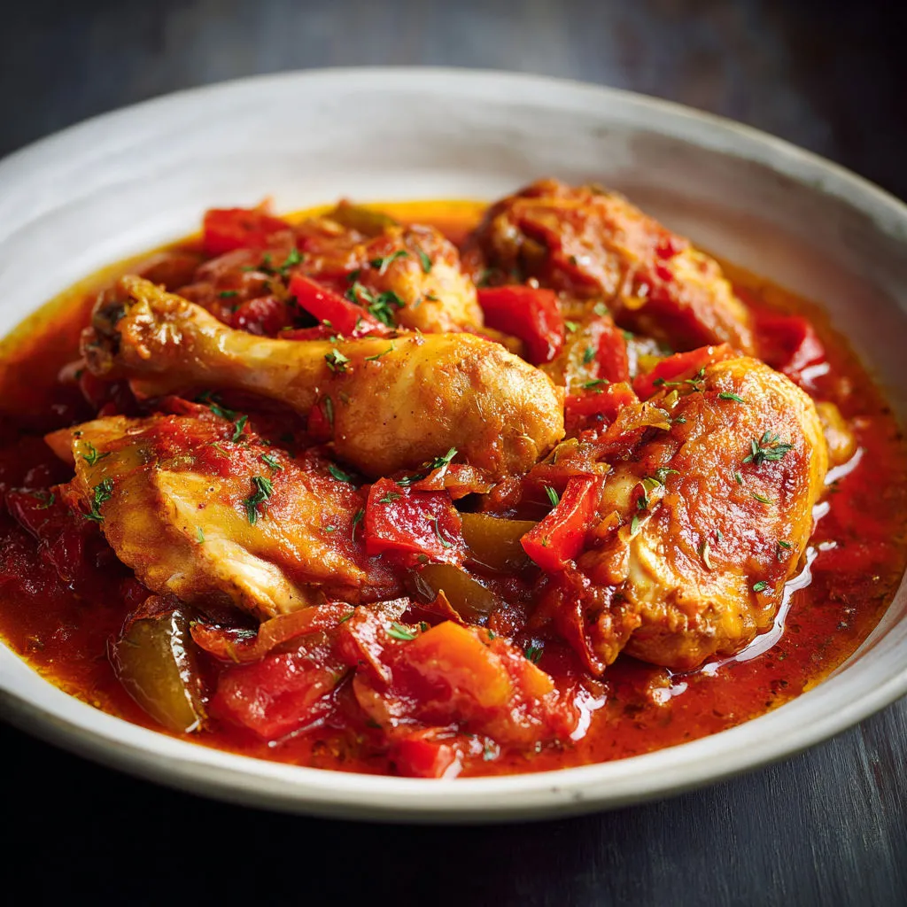 Un plat de poulet mijoté en sauce tomate et épices servi en bol.