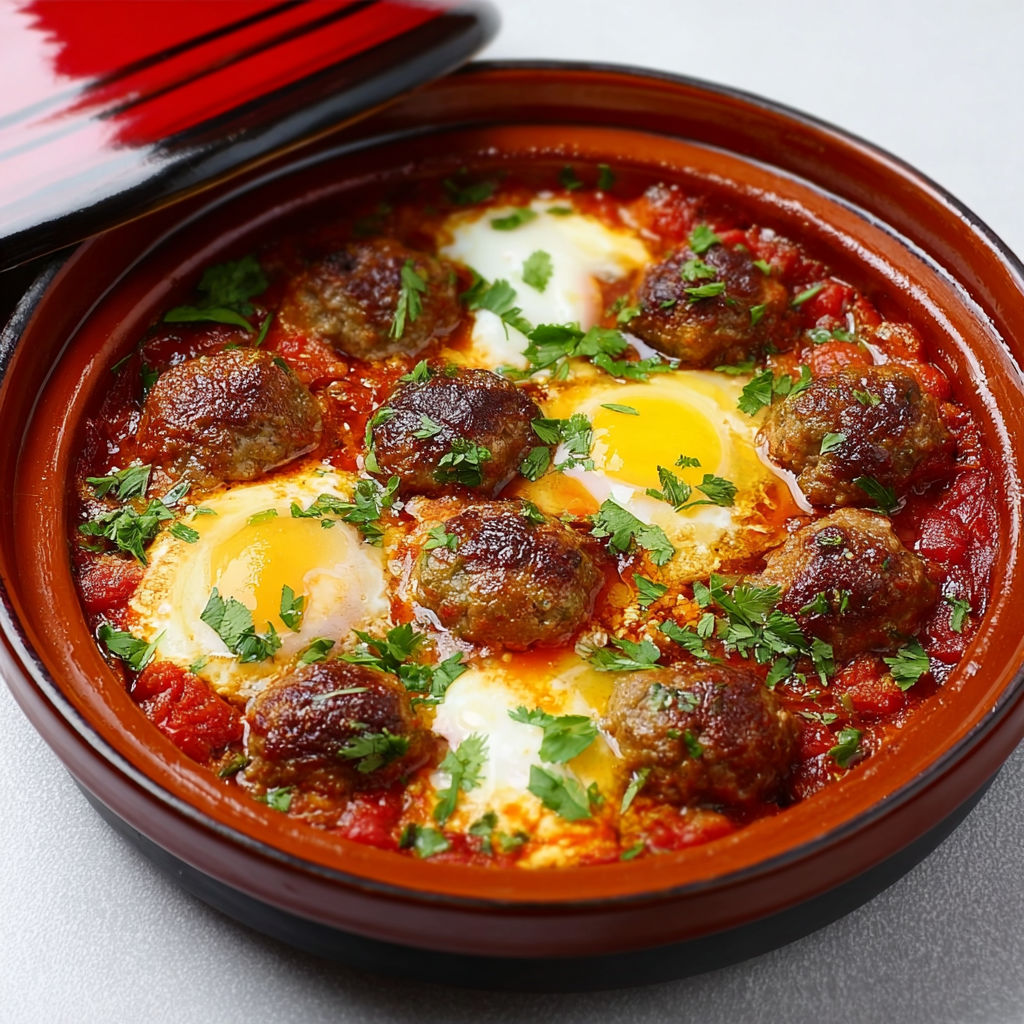 Plat généreux de keftas cuites dans une riche sauce tomate avec oeufs, servi dans un beau bol marocain coloré.
