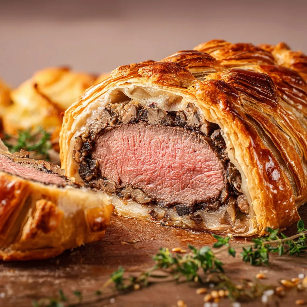 Bœuf Wellington classique avec farce savoureuse et foie gras.