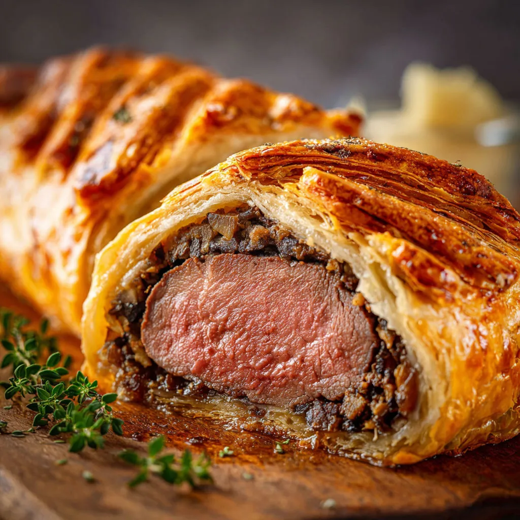 Wellington de bœuf exceptionnel, feuilletage doré et viande fondante.