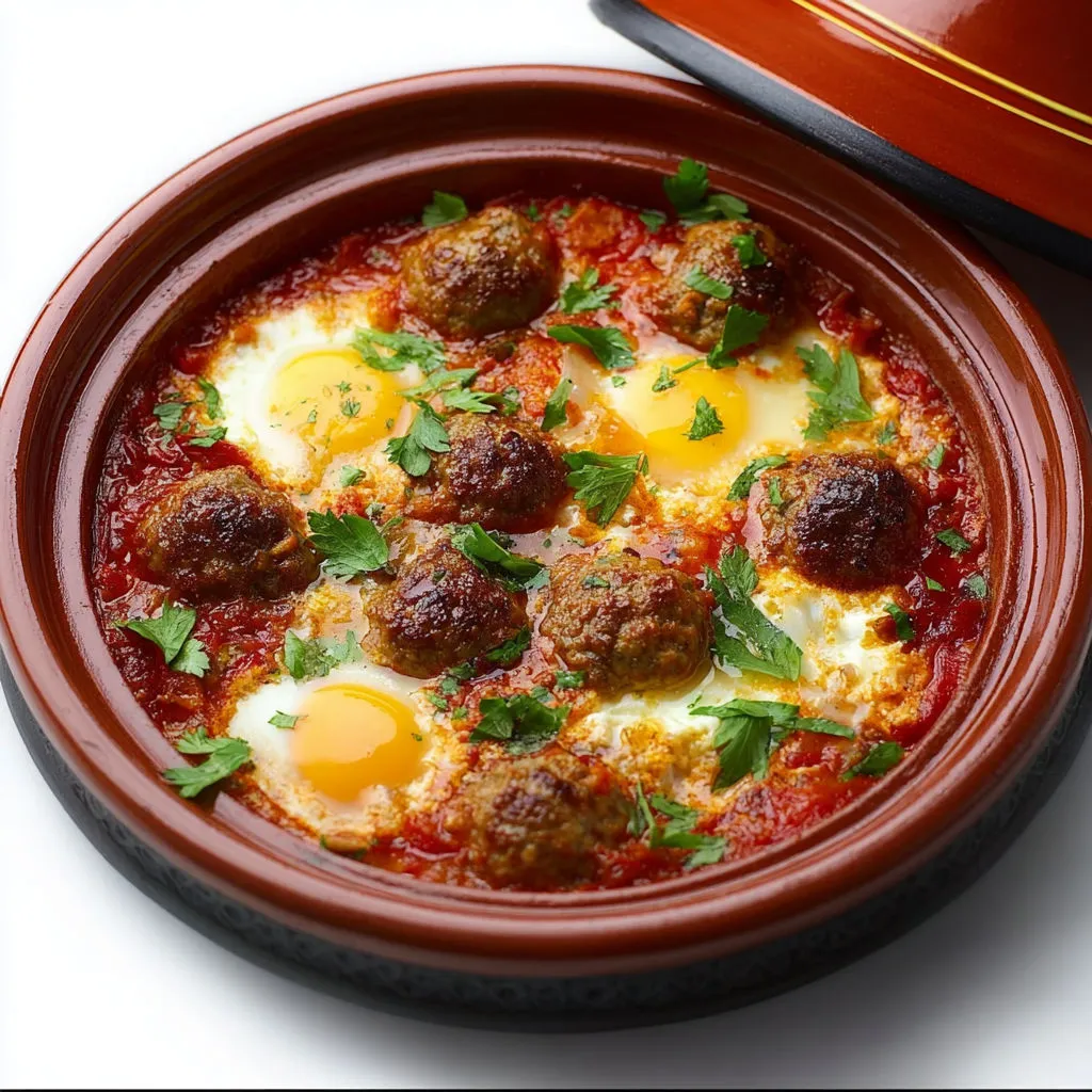Plat marocain traditionnel à base de keftas, œufs et légumes avec sauce parfumée.