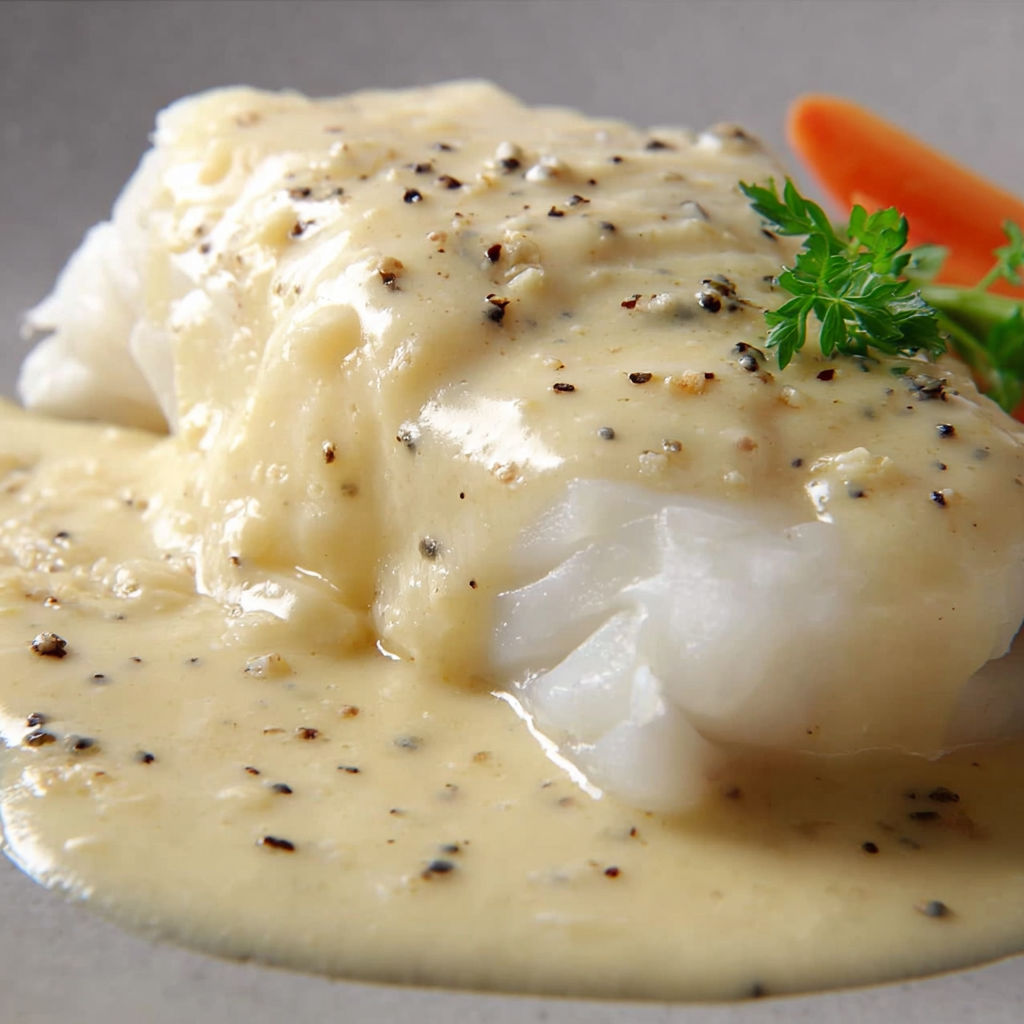 Cabillaud moelleux accompagné d'une douce sauce vanille, un plat sophistiqué à savourer.
