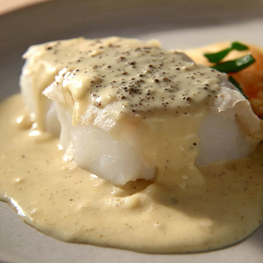 Cabillaud en papillote ultra tendre, nappé d’une sauce vanille toute en finesse.
