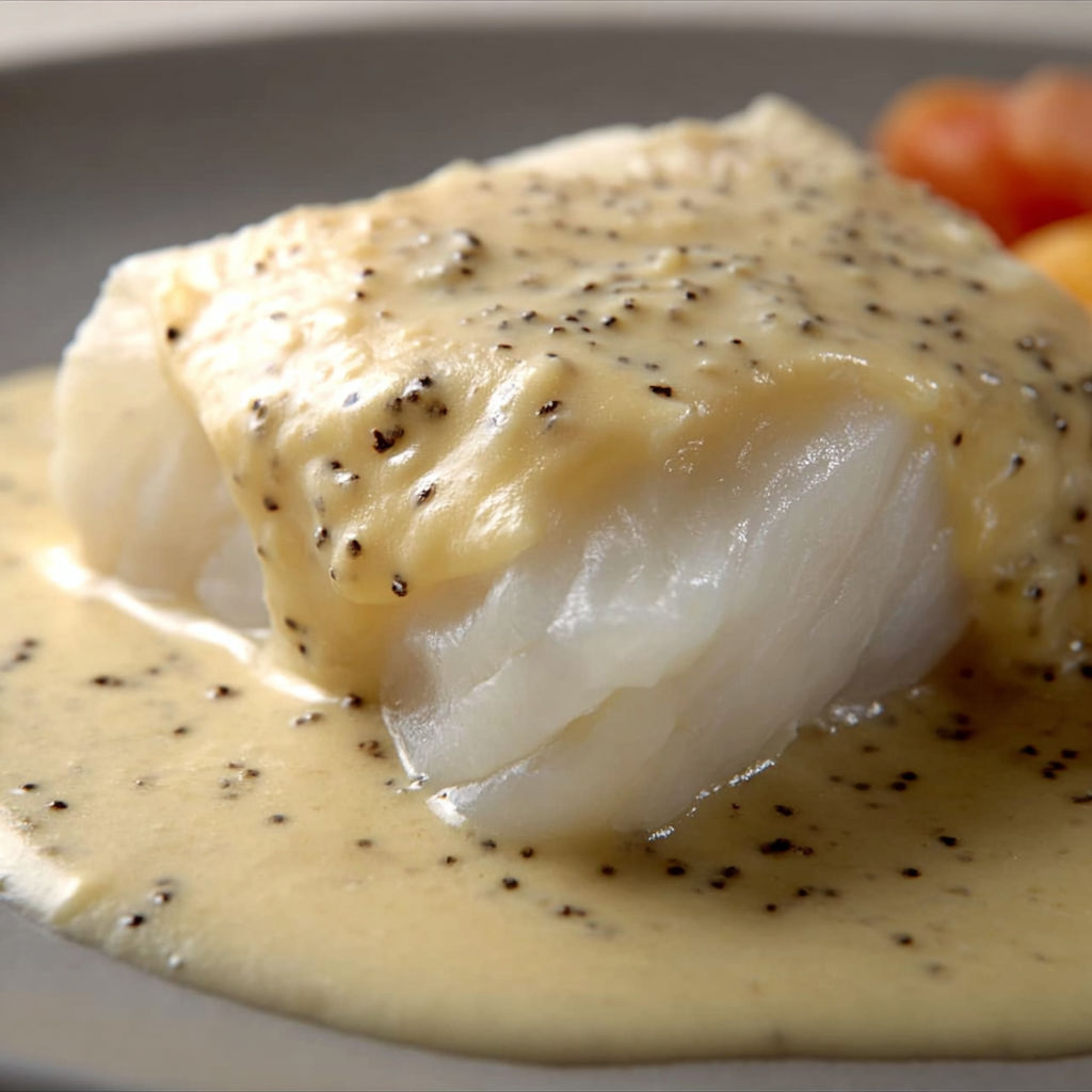 Filet de cabillaud en papillote recouvert d’une sauce vanille onctueuse et toute douce.