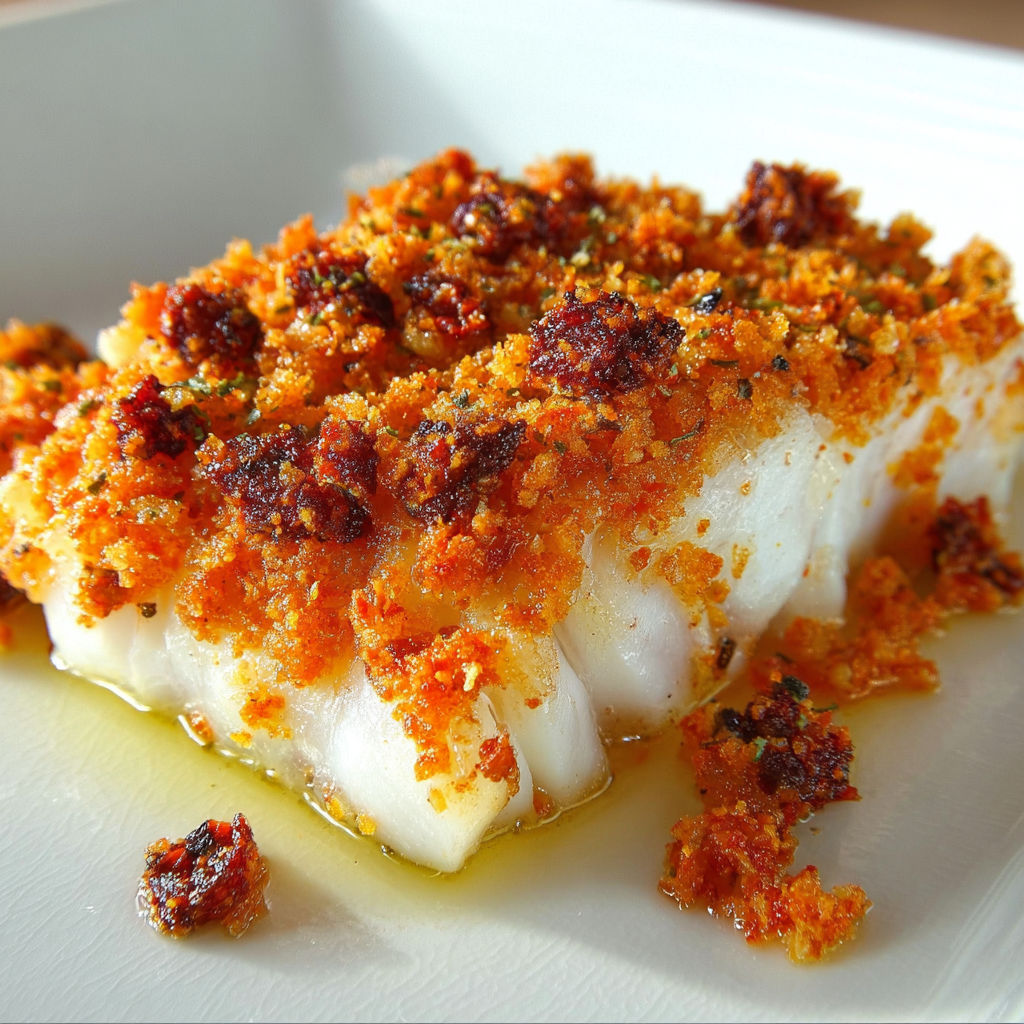 Cabillaud avec crumble chorizo et parmesan sur un plat élégant.