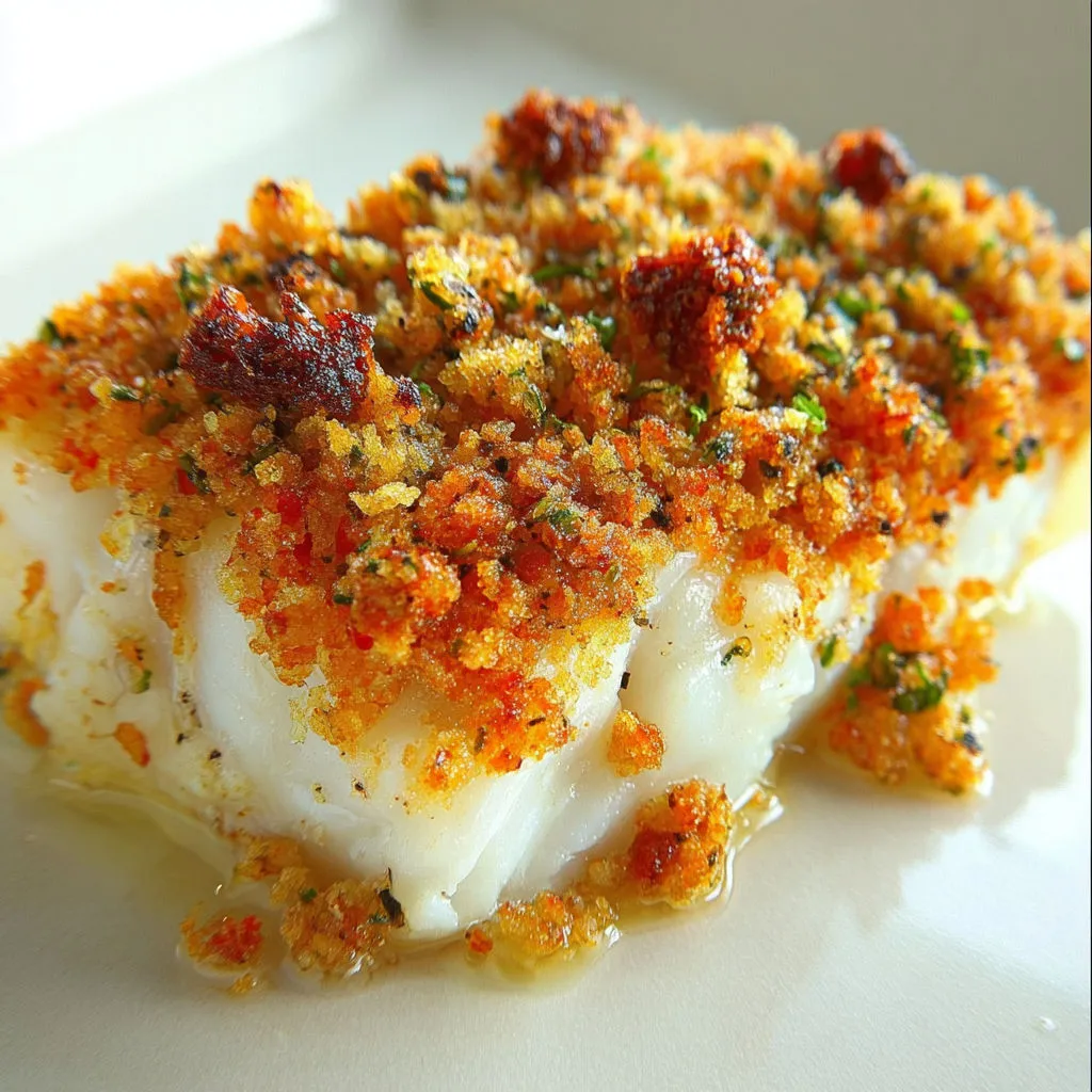 Beau dos de cabillaud bien tendre sous une croûte croustillante au chorizo et parmesan.