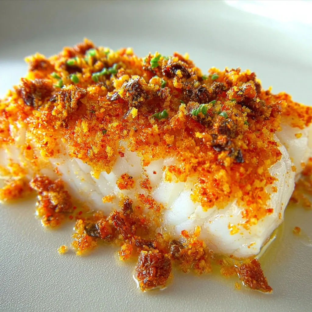 Un dos de cabillaud bien gourmand sous une croûte de chorizo et parmesan dorée et croustillante.